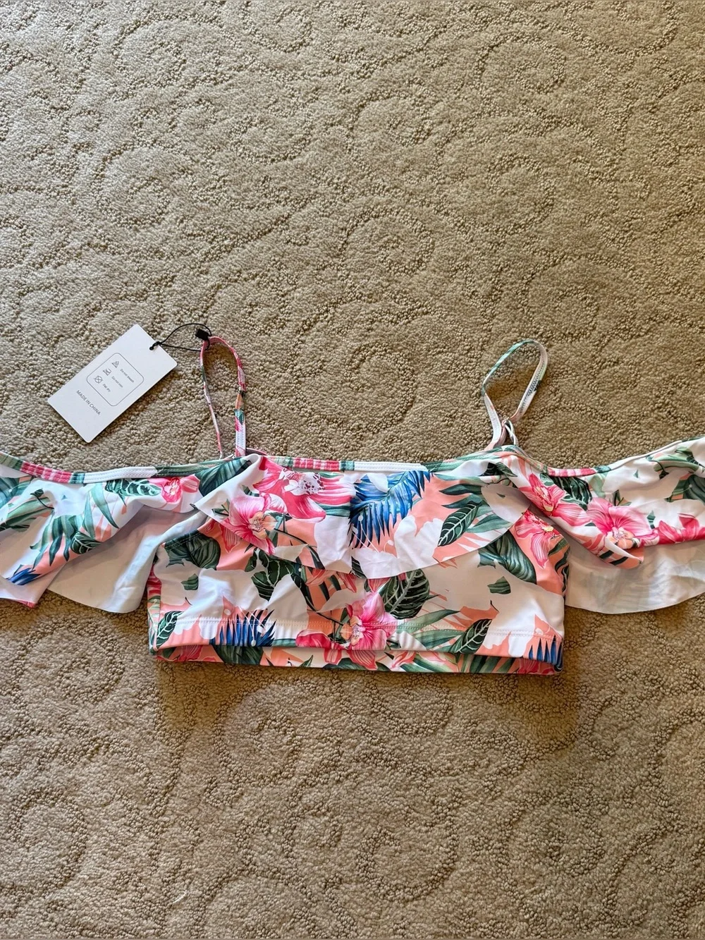 TWO PIECE Tropical Floral Off-Shoulder Bikini  - Pink & Green